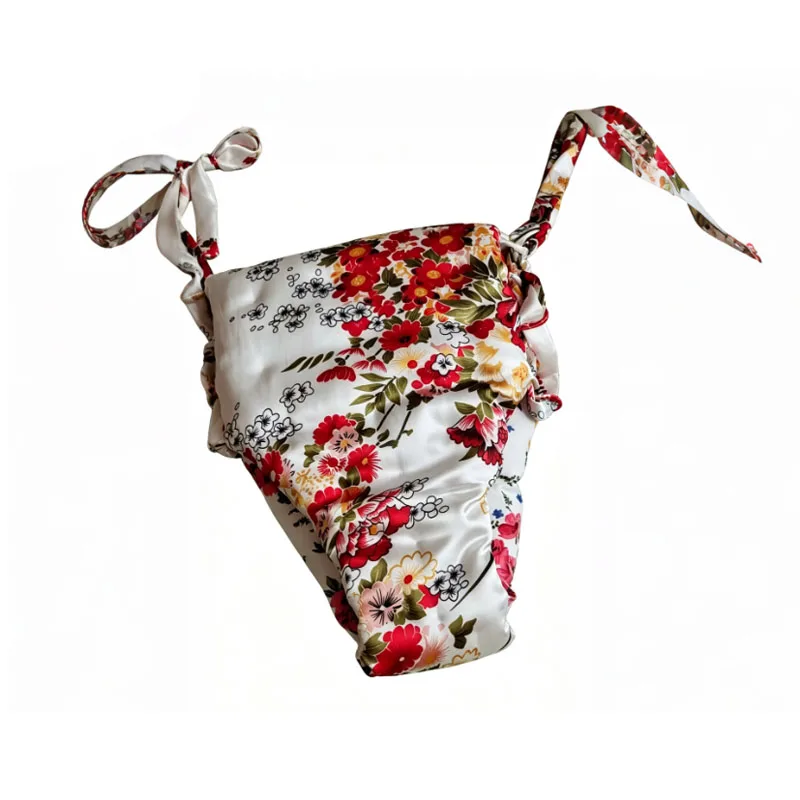 Man's Floral Lace Up Waist T-Briefs Silky Touch Puffy Panties FKK Dance Party Sexy Private Party Costume Handmake