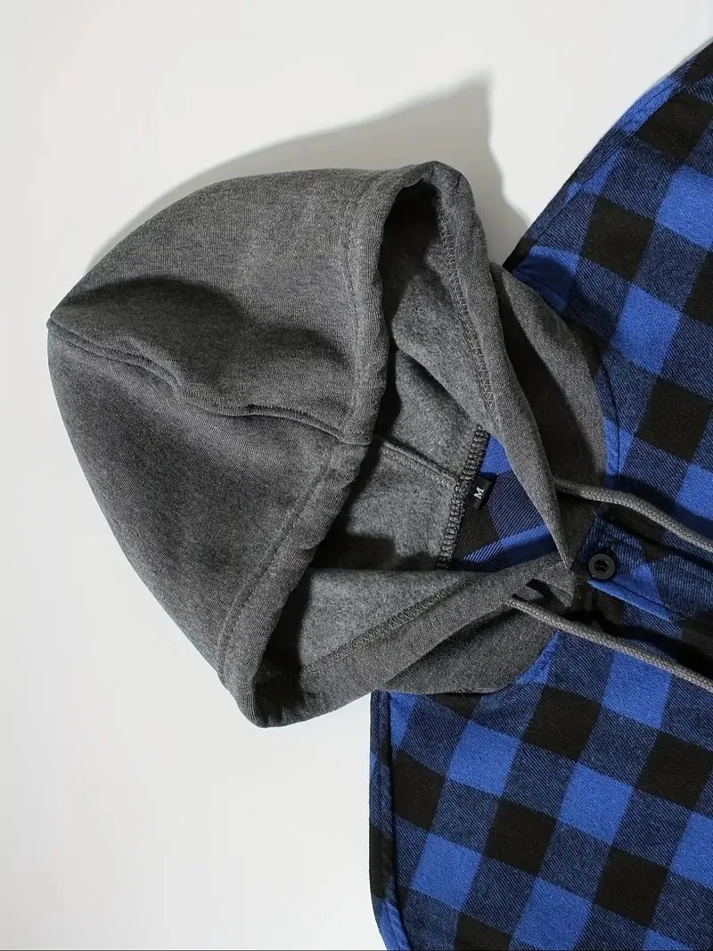 New fleece plaid casual hooded shirt double pockets hooded long-sleeved shirt for men spring and autumn jacket