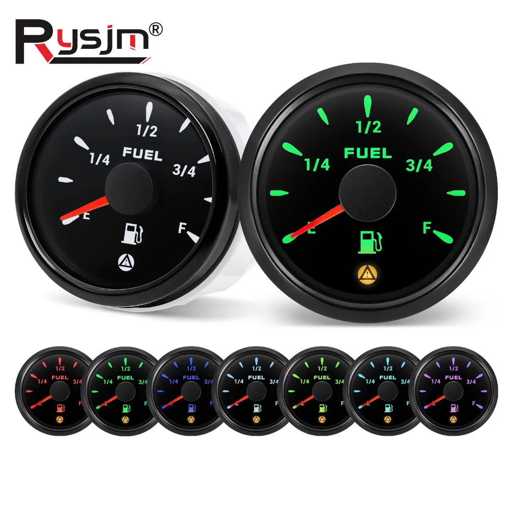 New 52mm Fuel Level Gauge With Flashing Alarm 0-190ohm 240-33ohm 10-180ohm 0-90ohm Marine Car Oil Tank Gauge Meter 7 Colors LED