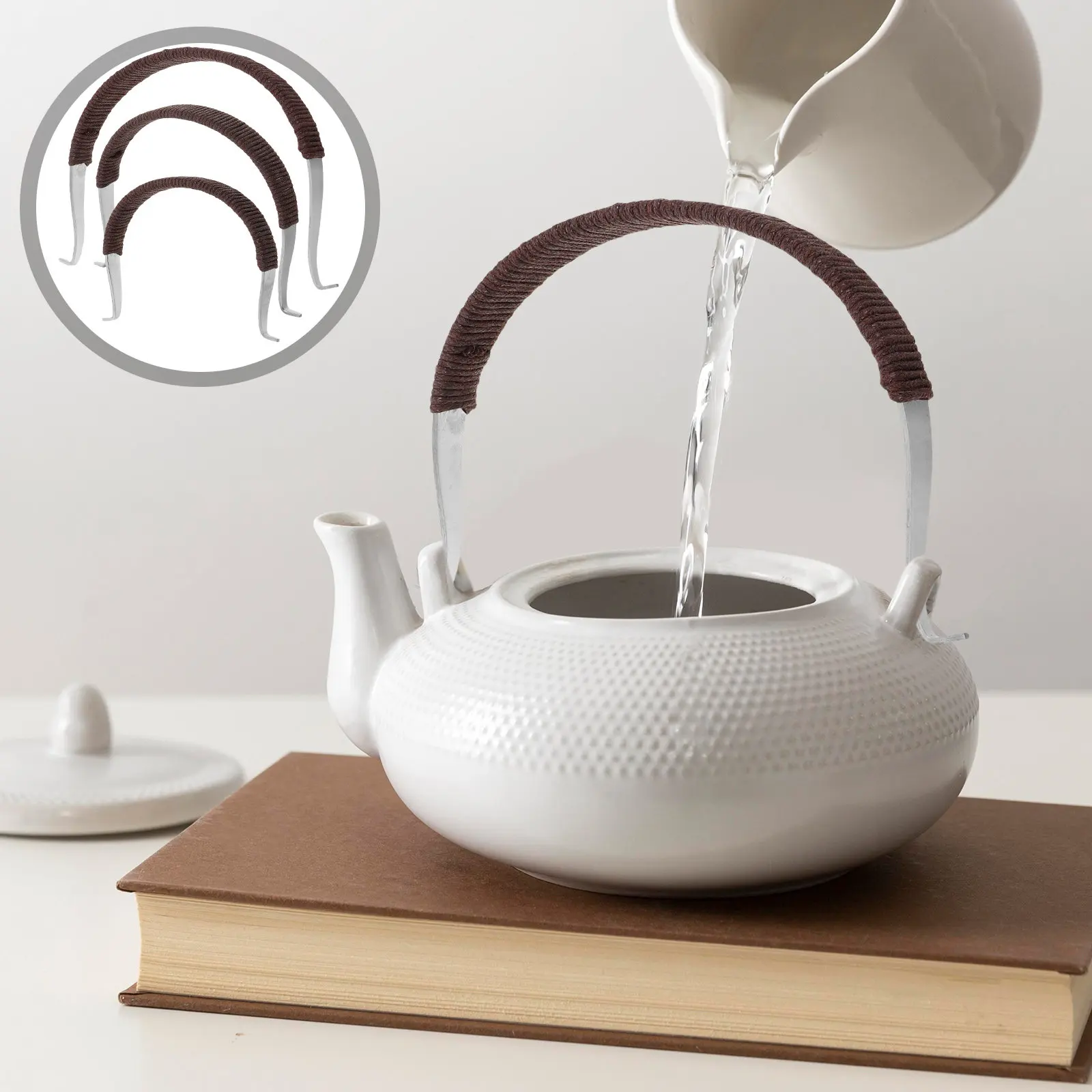 Poignée de théière en acier inoxydable, 3 pièces, isolation thermique, corde tissée, remplacement pour théière en céramique, accessoires pour théière et café