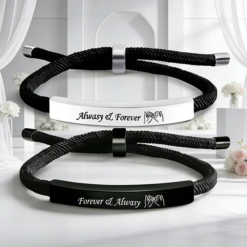 2 Pcs Fashion Adjustable Rope Couple Bracelets Stainless Steel I Love You Always Forever Bracelet Set Valentines Day Gift