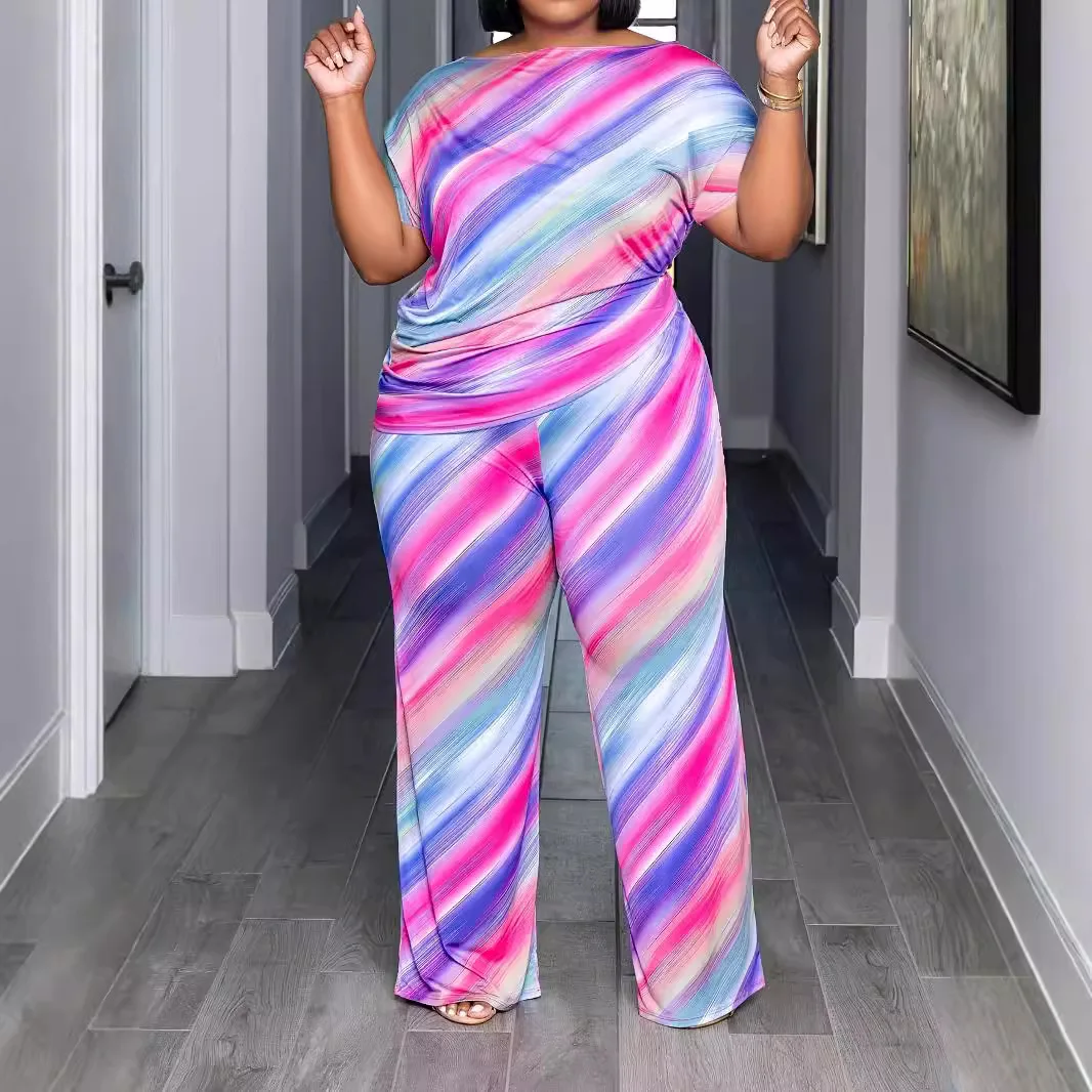 

Print Pant Sets Women Two Piece Striped Shirts Short Sleeve Wide Leg Pants Loose Suits Matching Sets Streetwear Summer 2025