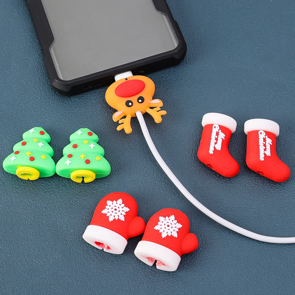 1/3/6PCS Cartoon Christmas USB Cable Saver Wrap Wire Cord Winder Protector For iPhone Xiaomi Charger Wire Soft Silicone Cover