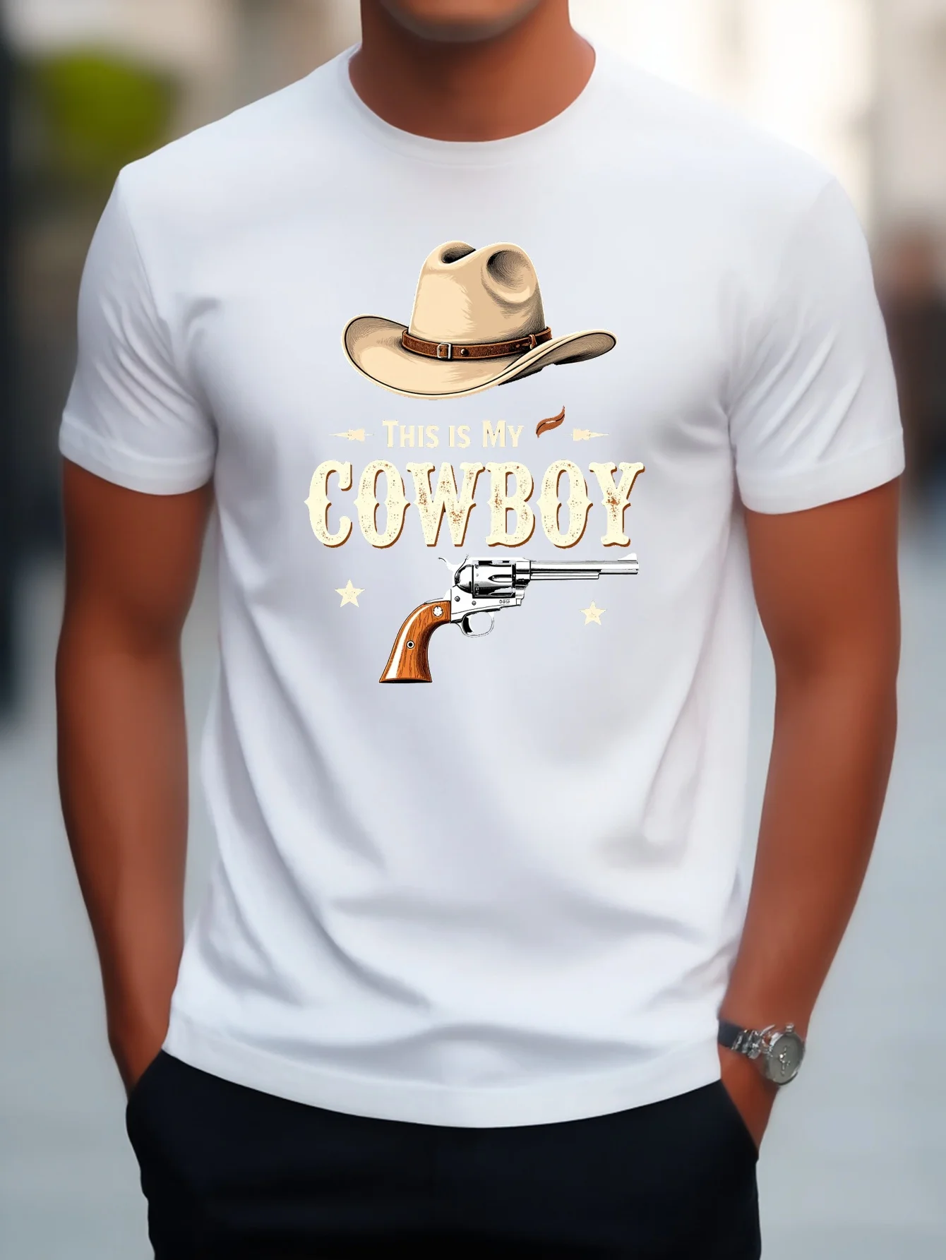 Men Cotton Tee Cowboy Hat Revolver Graphic Short Sleeve Crew Neck Casual Street T Shirt For Western Fans Summer Daily Tops