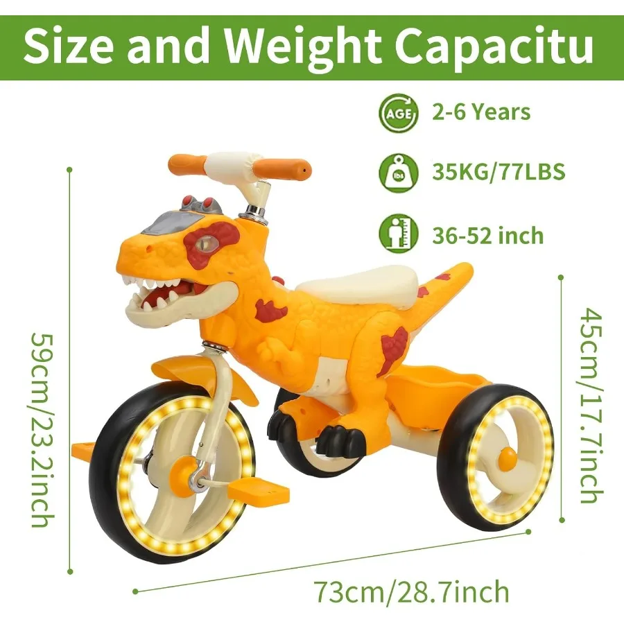รถสามล้อไดโนเสาร์สำหรับเด็กเล็ก รถสามล้อเด็ก ล้อใหญ่ มีเพลง ตะกร้าเก็บของ ล้อมีไฟ ใช้ได้ทั้งในบ้าน/นอกบ้าน สำหรับเด็กก่อนวัยเรียน