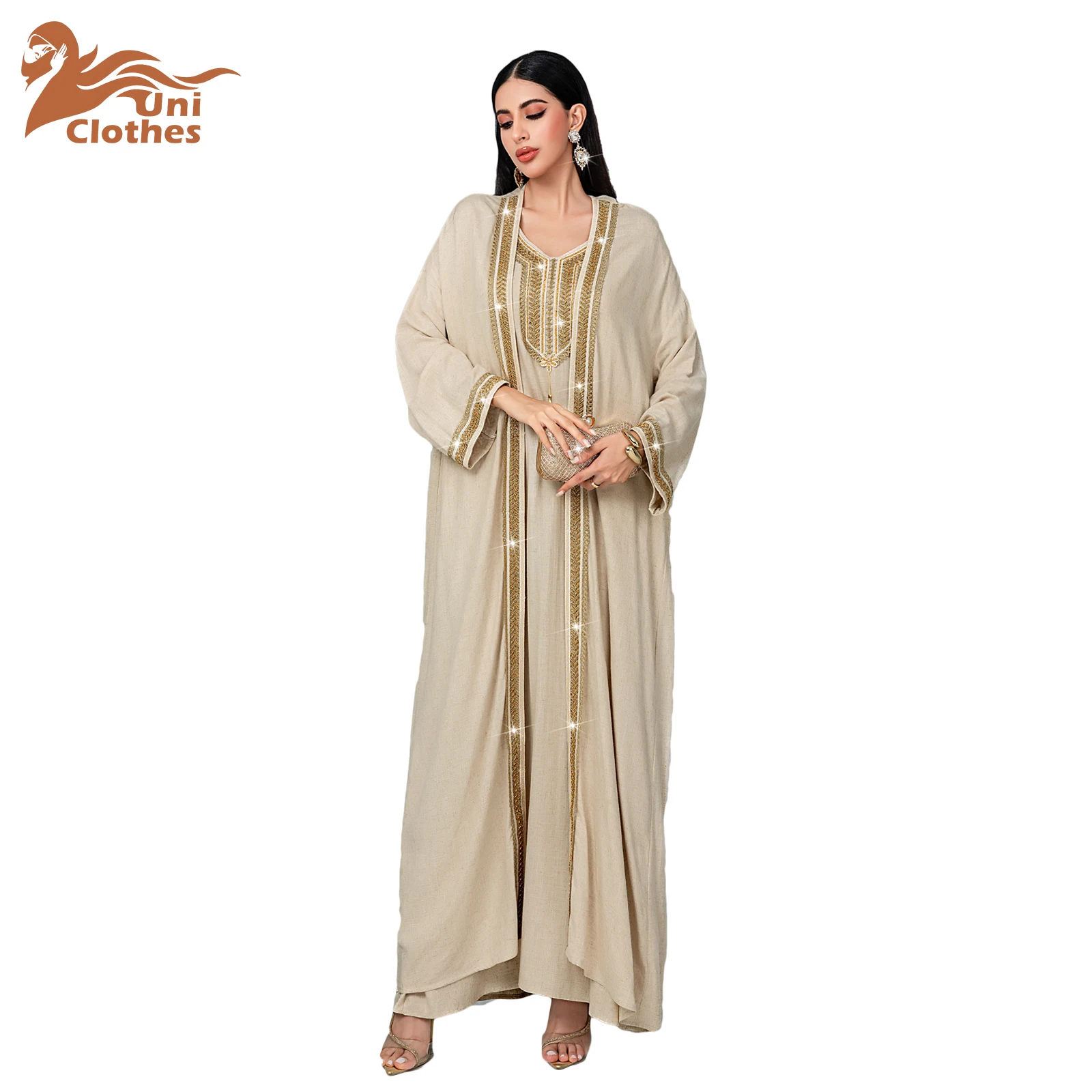 UNI Women Eid Muslim Abaya for Women 2 Piece Set Long Robe 2025 Ramadan Jalabiya Full Length Morocco Dubai Abayas Kaftan Casual