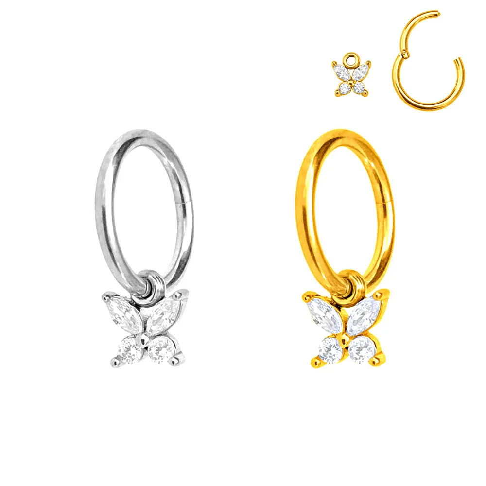Anillos de segmento Clicker colgante de mariposa, Daith Conch pendientes de aro, CZ Drop Piercing, joyería 316L, acero quirúrgico, 16G, 18G, 20G
