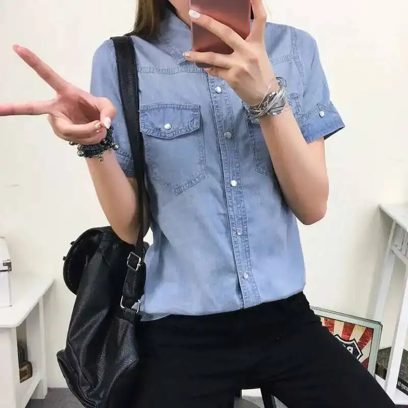 #0118 2025 Summer Cotton Denim Shirt Women Short Sleeve Slim Fit Preppy Style Casual Jeans Shirt Ladies Basic Blouse Shirt Slim