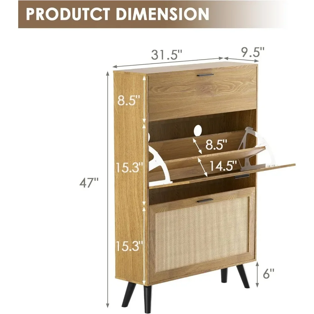 

Natural Rattan Shoe Cabinet, Shoes Cabinet with 2 Flip Drawers and Hidden Organizer, Wooden Shoe Organizer for Entrance