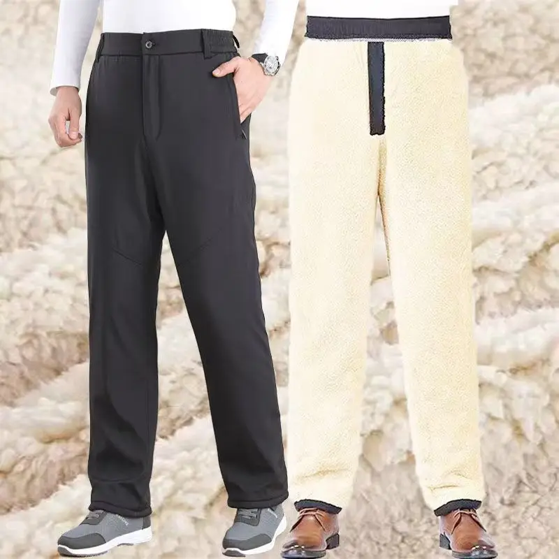 

Male High-waisted Front Zipper Cotton Pants Men‘s Winter Thick Fleece Warm Casual Pants 2025 Father's Outerwear Windproof Pants