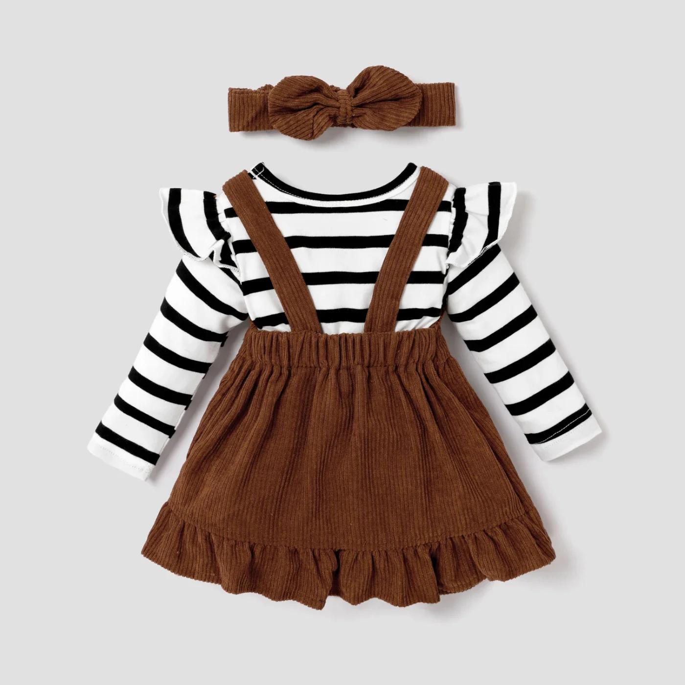 PatPat 3pcs Baby Girl Stripe Ruffle Long-sleeve Romper and Cat Embroidery Buttons Ribbed Strappy Ruffle Skirt & Headband Set