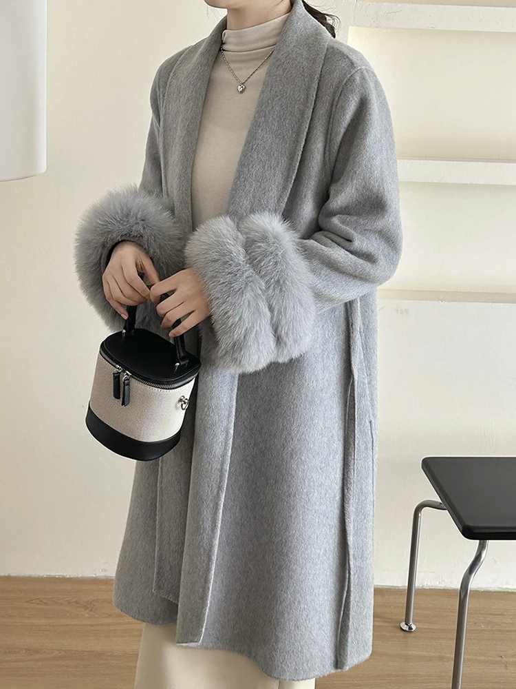 LANMREM Double Sided Woolen Coat For Women Lapel Solid Color Fox Fur Stitching Sleeves Luxury Belt Coats 2024 Winter New 2Z2635