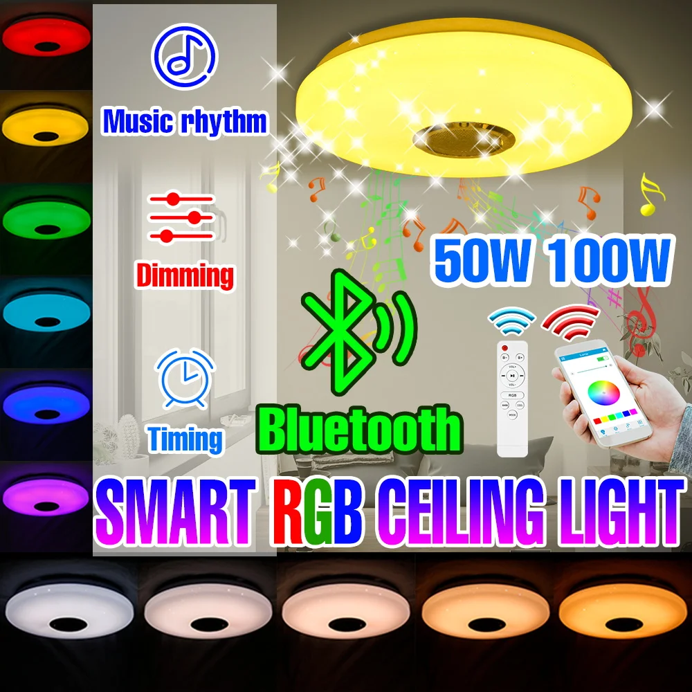 100W RGB LED Smart Ceiling Light Dimmable Chandelier With Speakers Music Lamp Bluetooth Connection APP Remote Control AC100-240V