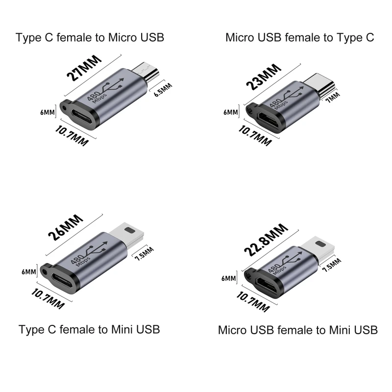 Micro USB to Mini USB Type-C Adapter Female To Micro Usb Male Converter Connector Aluminum Alloy