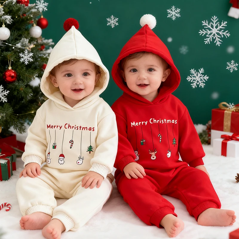 

2025 New Christmas Costume Infant Baby Boys Girls Jumpsuit Hooded Cartoon Printing Plush Thicken Romper New Year Kids Clothing