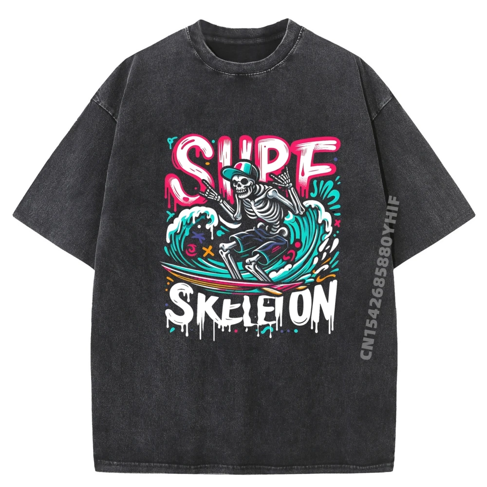 

Graffiti Surf Skeleton Summer Vibes Beach Vacation Surfing New T Shirt Washed Shirts For Men Punk Style