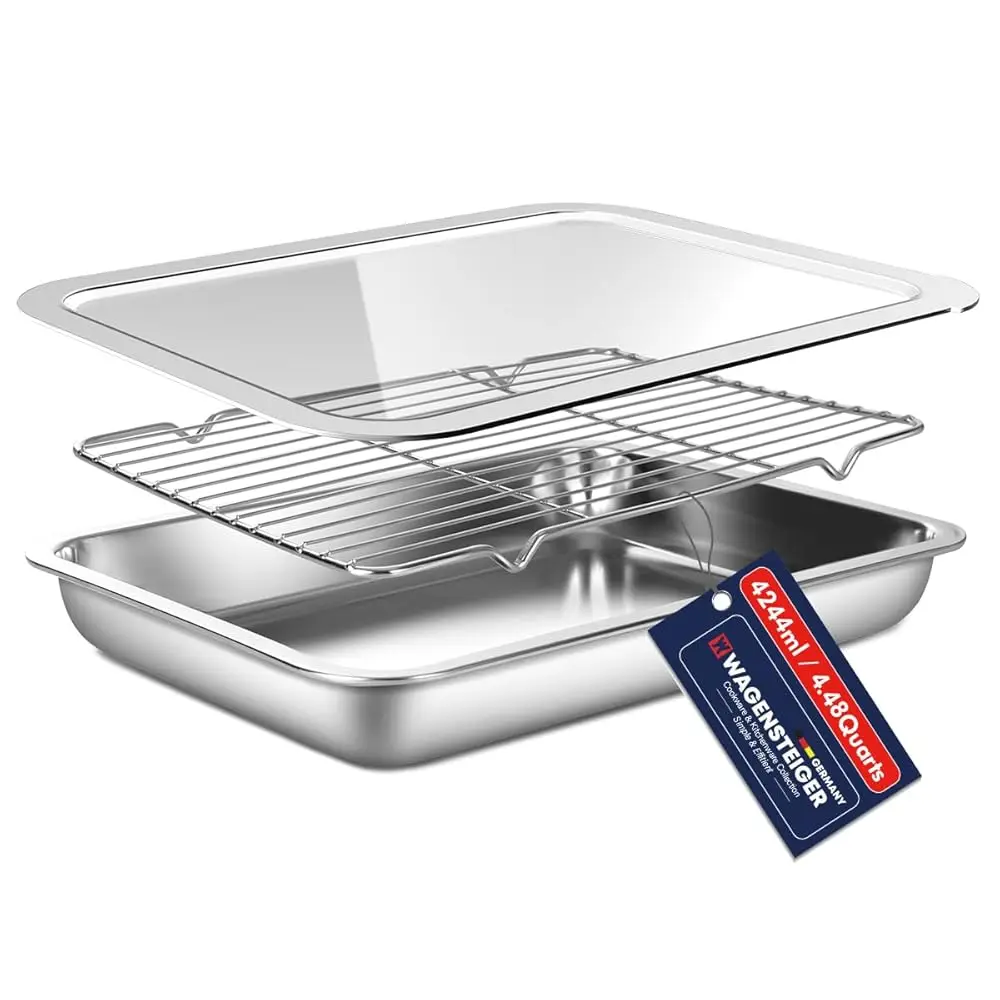 

Stainl Steel Food Prep Pan Set With Ra & Transparent Lid, Casserole Dish, Roasting Pan For Oven, Buffet Or Marination