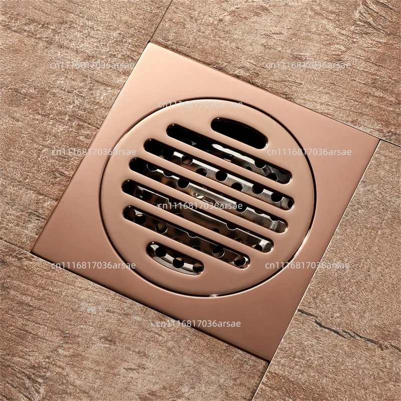 Rose Gold Brass Floor Drain 10cm Square, Anti-Odor Shower Waste With Removable Cover For Bathroom