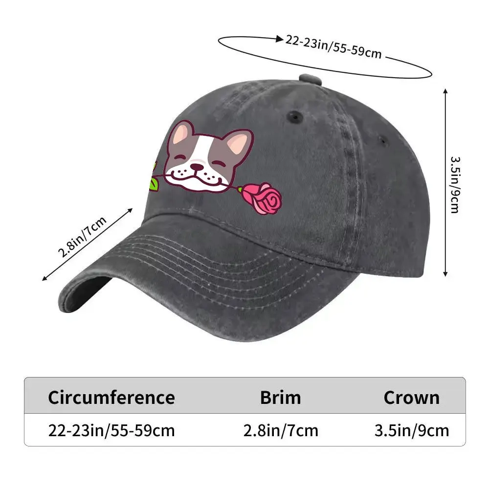 French Bulldog Rose Graphic Washed Baseball Cap Unisex Adjustable Cotton Street Style Outdoor Hat