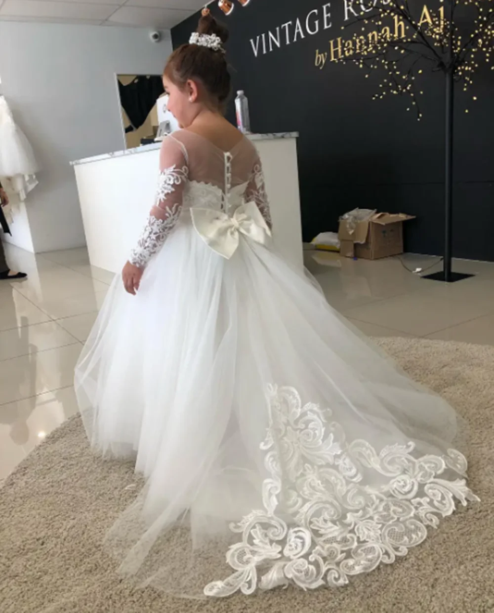 Vestidos de niña de flores de manga larga para invitados de boda, dama de honor para niños con lazo, encaje blanco marfil, tul, primera comunión