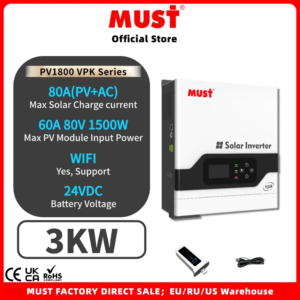 MUST PV1800 VPK 24V 3KW 3024 Off Grid Solar Inverter Pure Sine Wave Output Build in 80A Charge Controller