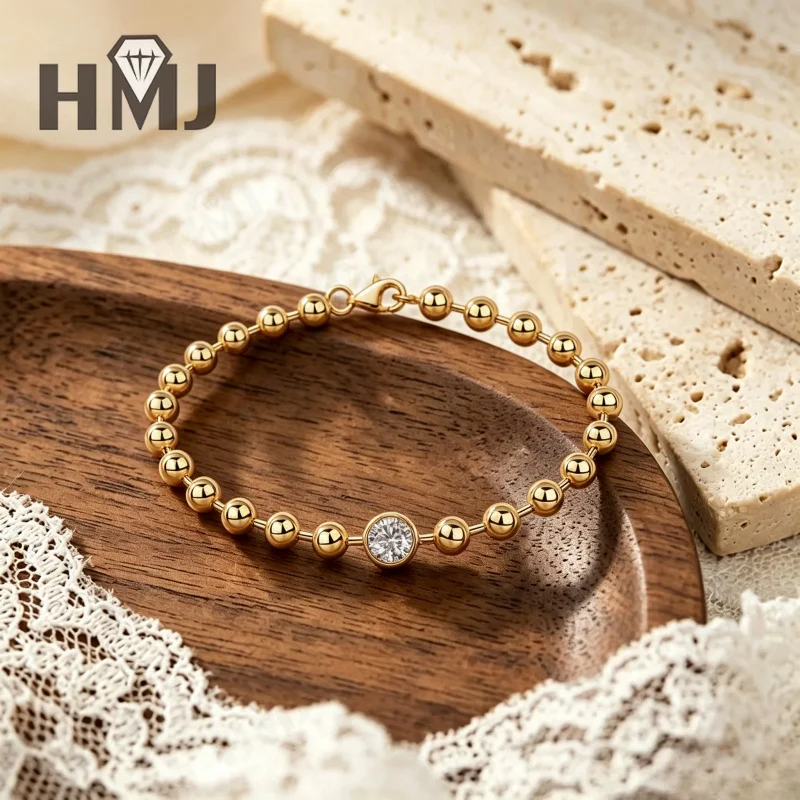 925 Sterling Silber Armband Goldfarben Perlenkette Moissanit 21cm Elegantes Hochzeits- und Partygeschenk Stilvoll für Damen Feiner Schmuck – Detail 8