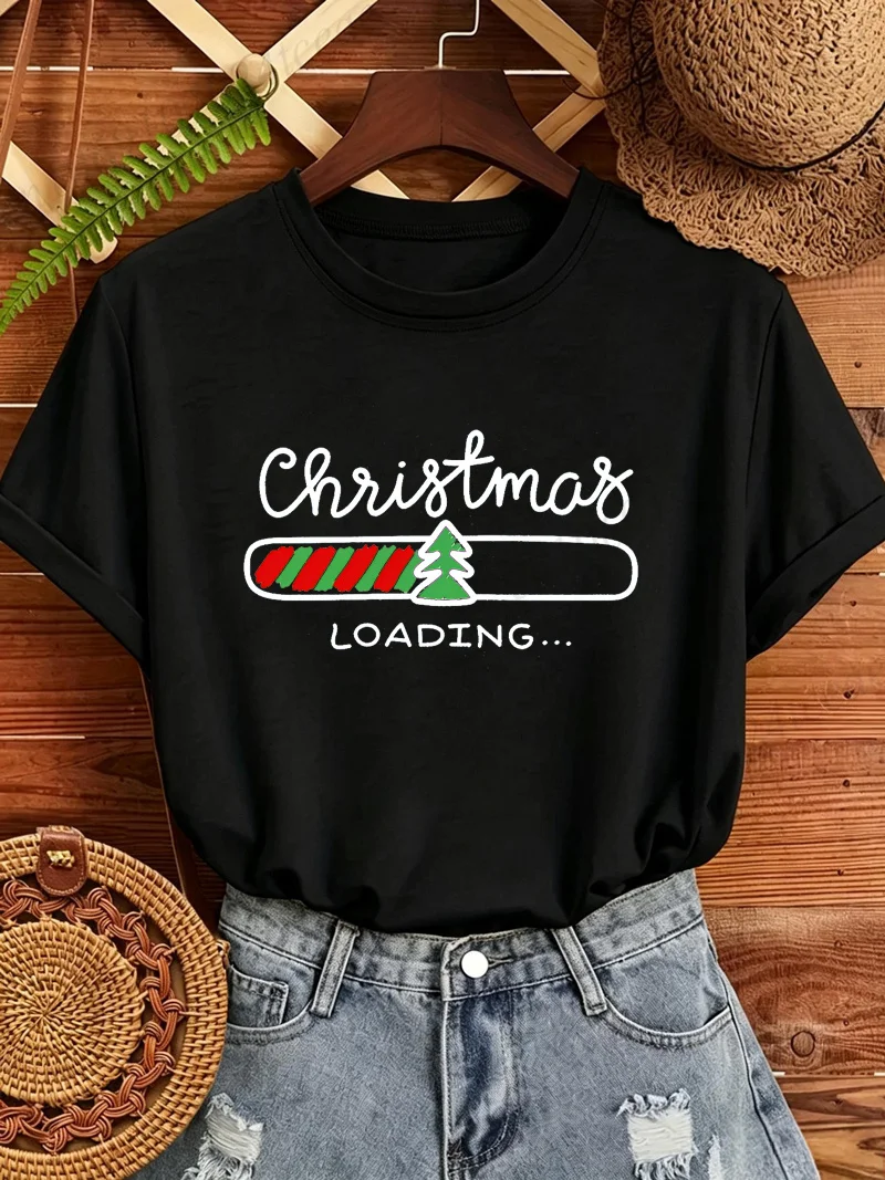 Weihnachts-T-Shirt für Damen mit Weihnachts-Loading-Progess-Bar-Aufdruck, Kurzarm, O-Ausschnitt, lässig, locker geschnitten, Weihnachts- und Feiertagsmotiv-Oberteil. – Detail 6