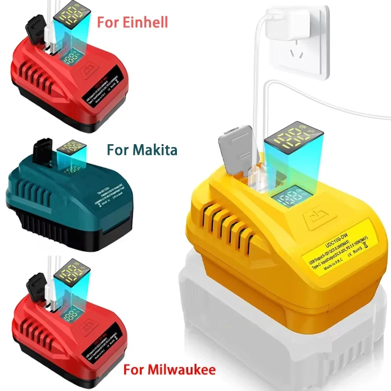 

Зарядный адаптер для аккумуляторов Dewalt/Makita/Milwaukee/Einhell 18V Li-ion, 100 Вт, с портом USB Type-C и LED-дисплеем