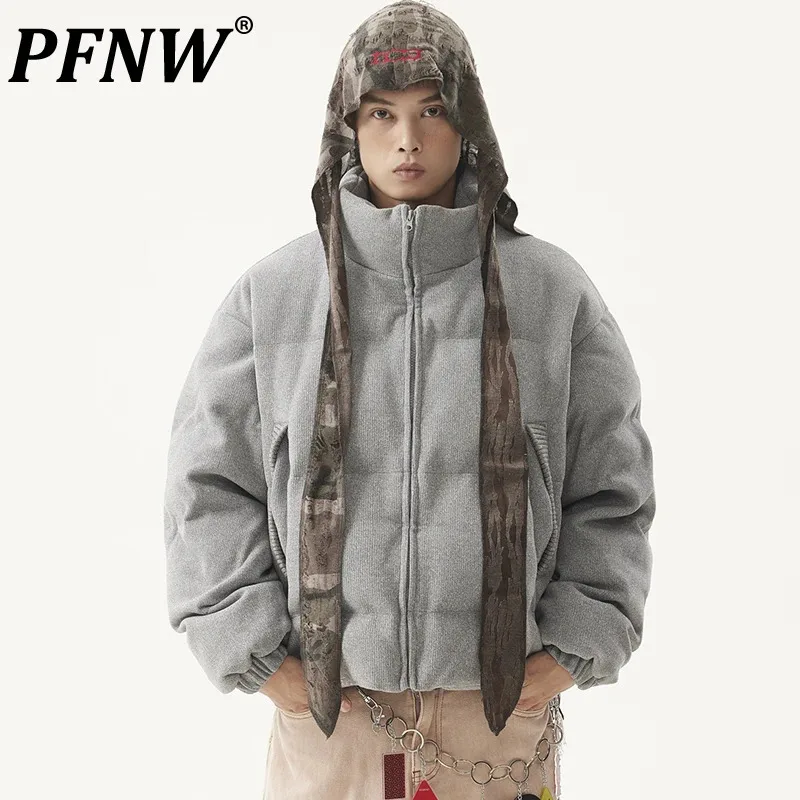 PFNW American Vintage Stand Collar Men's Grey Cotton-paddec Coat Cleanfit Winter Thick Warm Oversized Zipper Jacket Tide 28W5503