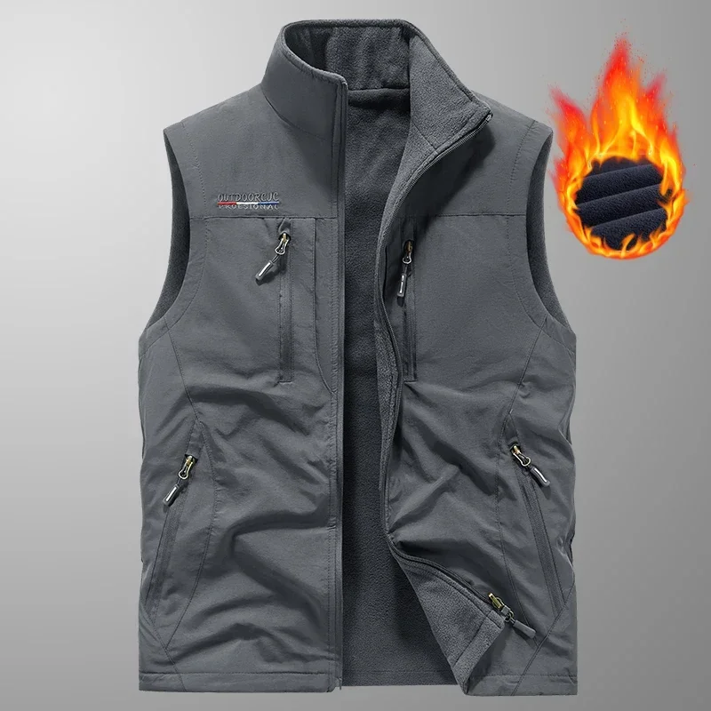 Men Windproof Outdoor Running Sports Plush Vests Winter Warm Fleece Fishing Vest Multi Zipper Pockets Tactical Hunting Vest Coat