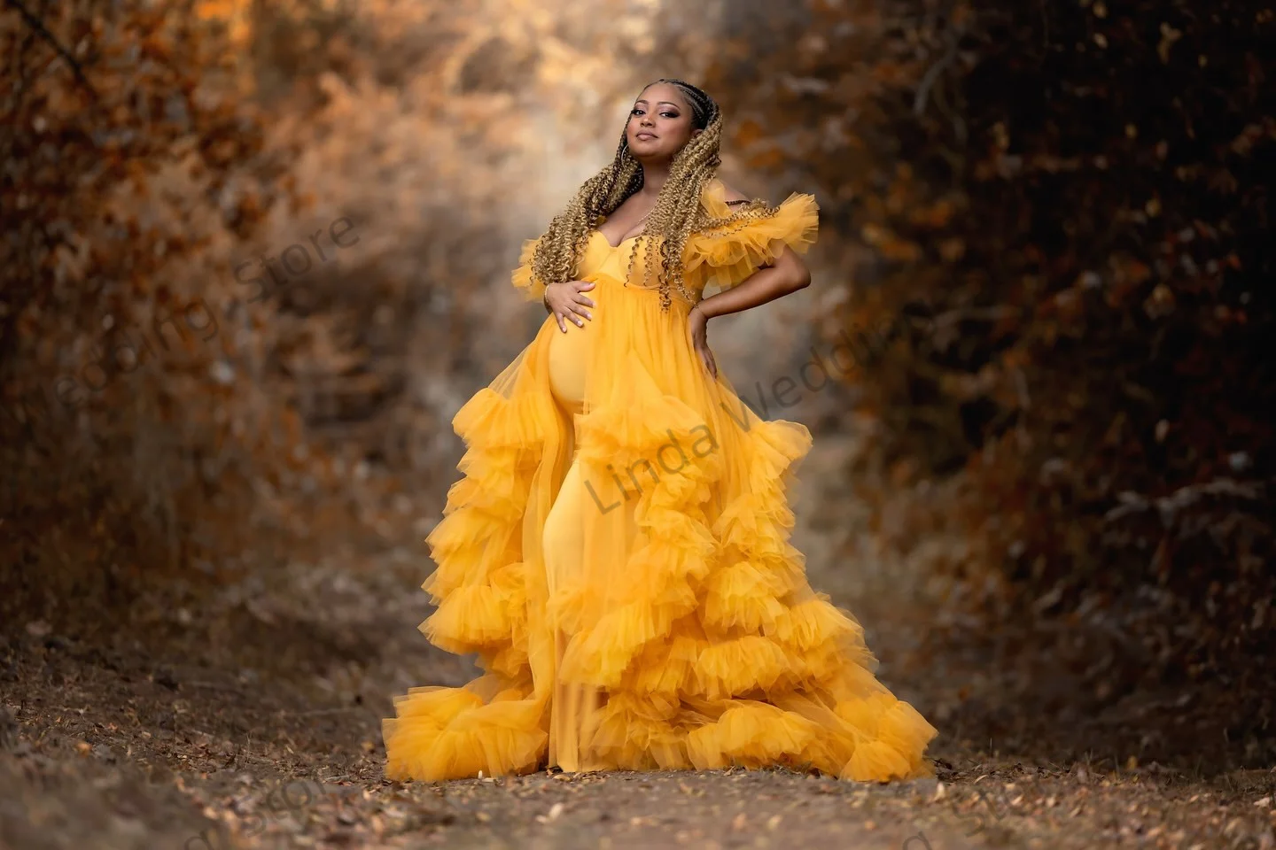 Abiti premaman gialli illusione Abiti eleganti personalizzati in due pezzi per babyshower Pieghe a strati Servizio fotografico Prgegnancy