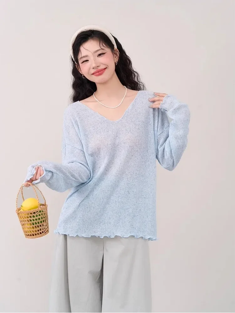 

Loose V-Neck Exposed Collarbone Long Sleeved T-Shirt For Women In Spring And Autumn, Thin Cut With Black Fungus Edge Top
