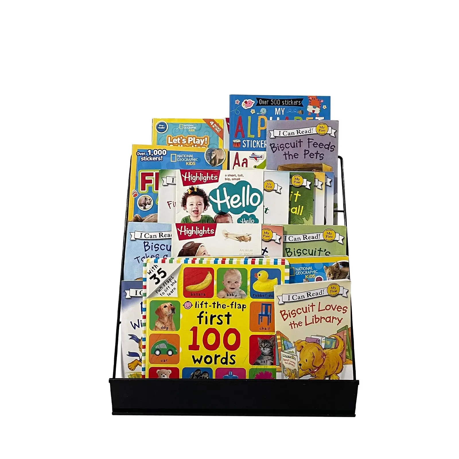 

Four-Tier Black Wire Display Stand With Front Sign Slot – Sturdy Desktop Organizer For Magazines, Comics, Books, And Brochures