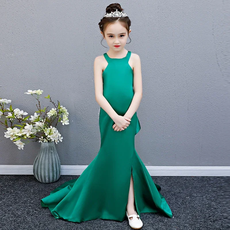 Vestidos de Noche elegantes para niñas adolescentes, traje de pasarela, espectáculo de moda, fiesta para niños, Vestido largo de sirena verde, ropa Formal de Graduación