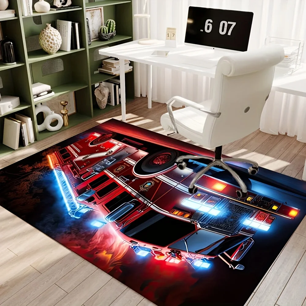 Fire Truck Rug, Heavyweight Red Blue Design, Large Durable Mat, Vibrant Emergency Themed Decor, Perfect Kids Room Accent