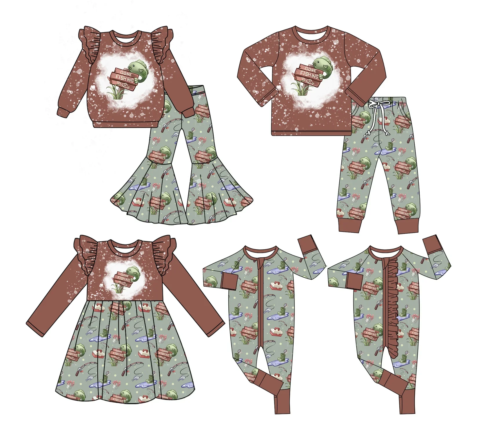Newest Children Hunting Clothing Go Fishing Printing Boys Girls Set Boutique Girls Dress With Baby Sleeper Romper