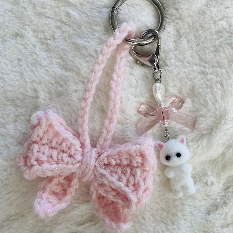 Śliczny brelok do kluczy Fuzzy Kitty Cat Heart Bow, Kitten, Kawaii, różowa kokardka, perłowe serce