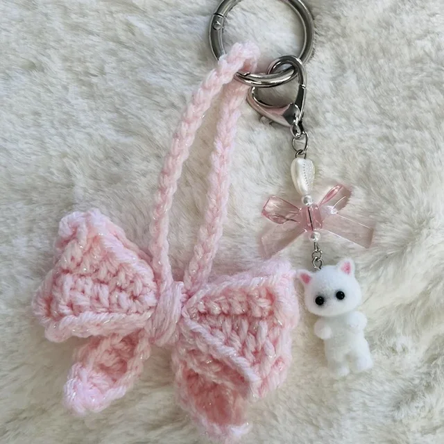 Śliczny brelok do kluczy Fuzzy Kitty Cat Heart Bow, Kitten, Kawaii, różowa kokardka, perłowe serce