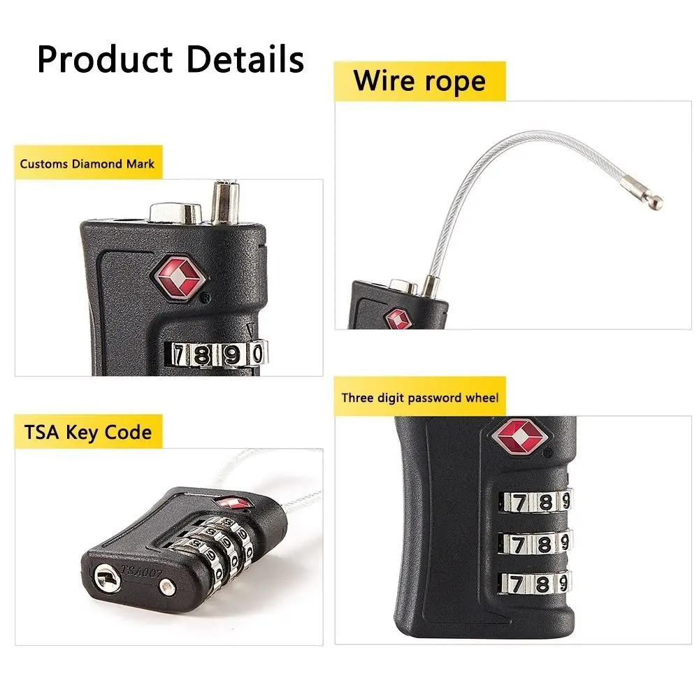 TSA 3 Digit Combination Lock Wire Rope Padlock Customs Password Lock Anti-theft Security Tool Suitcase Luggage Coded Lock Travel