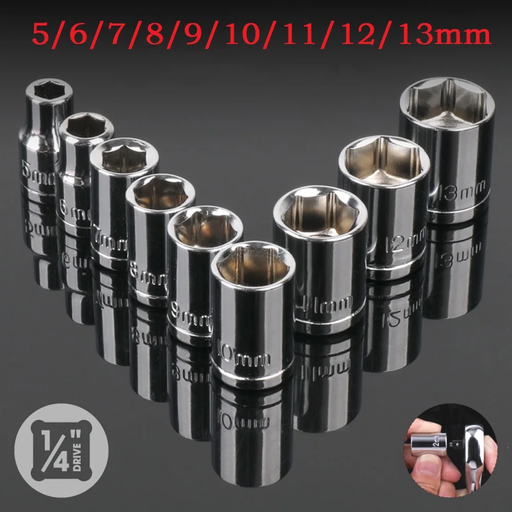 9-Piece 1/4 Inch Drive Metric Socket Set 5-13mm Hex Nut Remover Tool Kit Carbon Steel For Ratchet Wrench And Power Drill