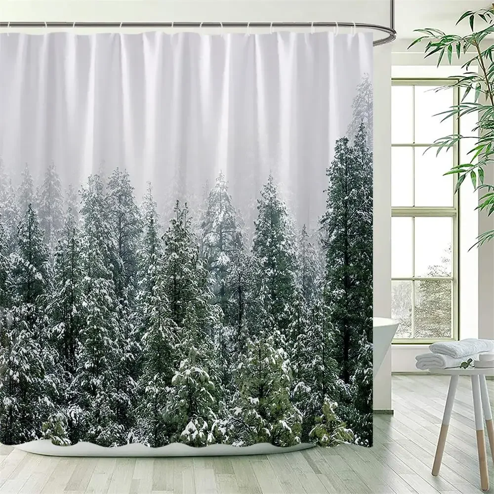 Winter Snowy Forest Shower Curtains Pine Tree Deer Snowflake Xmas Christmas Holiday Rustic Farmhouse Bathroom Decor with Hooks