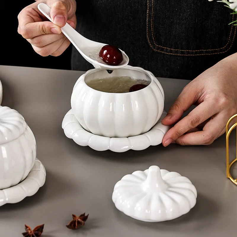 Ceramic Pumpkin Soup Bowl with Lid White Stew Pot Dessert Bowl for Steamed Egg Bird Nest Fall Tableware Home Decor