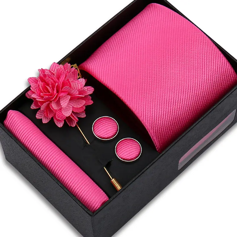 Top Quality Solid Color Ties Hanky Cufflinks Brooch Set Elegant Jacquard Necktie For Men Business Wedding In Gift Box Gravatas - Image 21