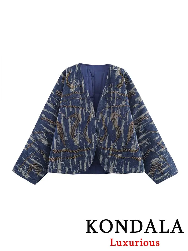 

KONDALA Vintage Casual Chic Women Coats V-Neck Long Sleeve Beads Loose Thick Overcoat New Fashion 2025 Autumn Winter Female Coat