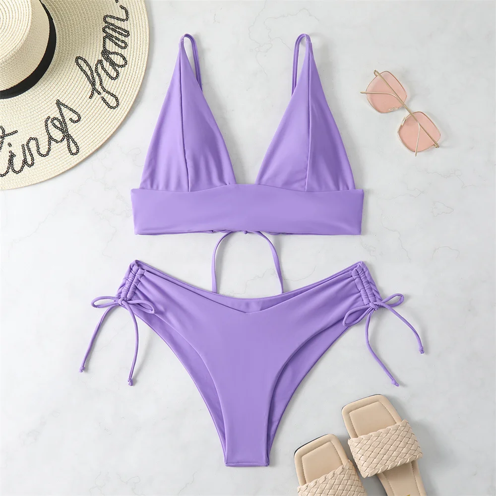 

Sexy Sling Bikini Purple Y2K Drawstring Backless Swimsuit Micro Pleated Tangas Vacation Swimwear Women Beach Outfit Bathing Suit
