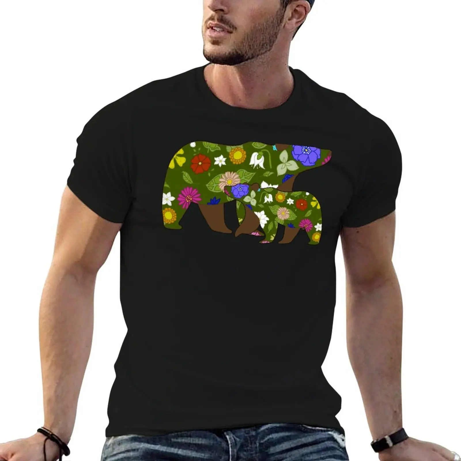 Mama Bear and Baby Bear Spring Flowers T-Shirt funny shirt cotton blue lock luxury clothes men