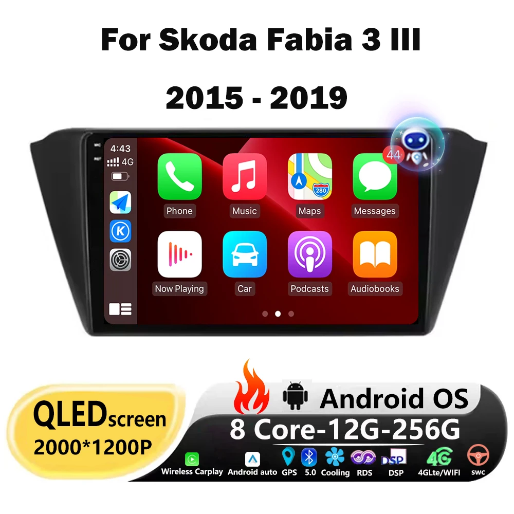 Car Radio Stereo Multimedia Player For Skoda Fabia 3 III 2015 - 2019 Android Auto 2K Screen Wireless Carplay No 2din Head Unit