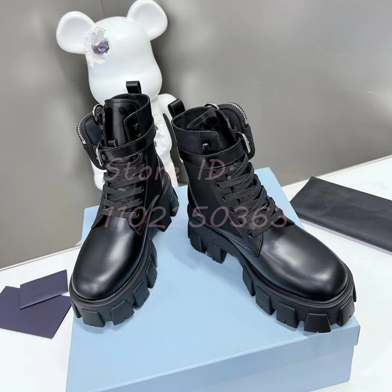 Thick Pocket Boots Round Toe Leather Punk Black Flat Solid Fashion Women Shoes Luxury Height Increasing 2024 Hot New Arrival