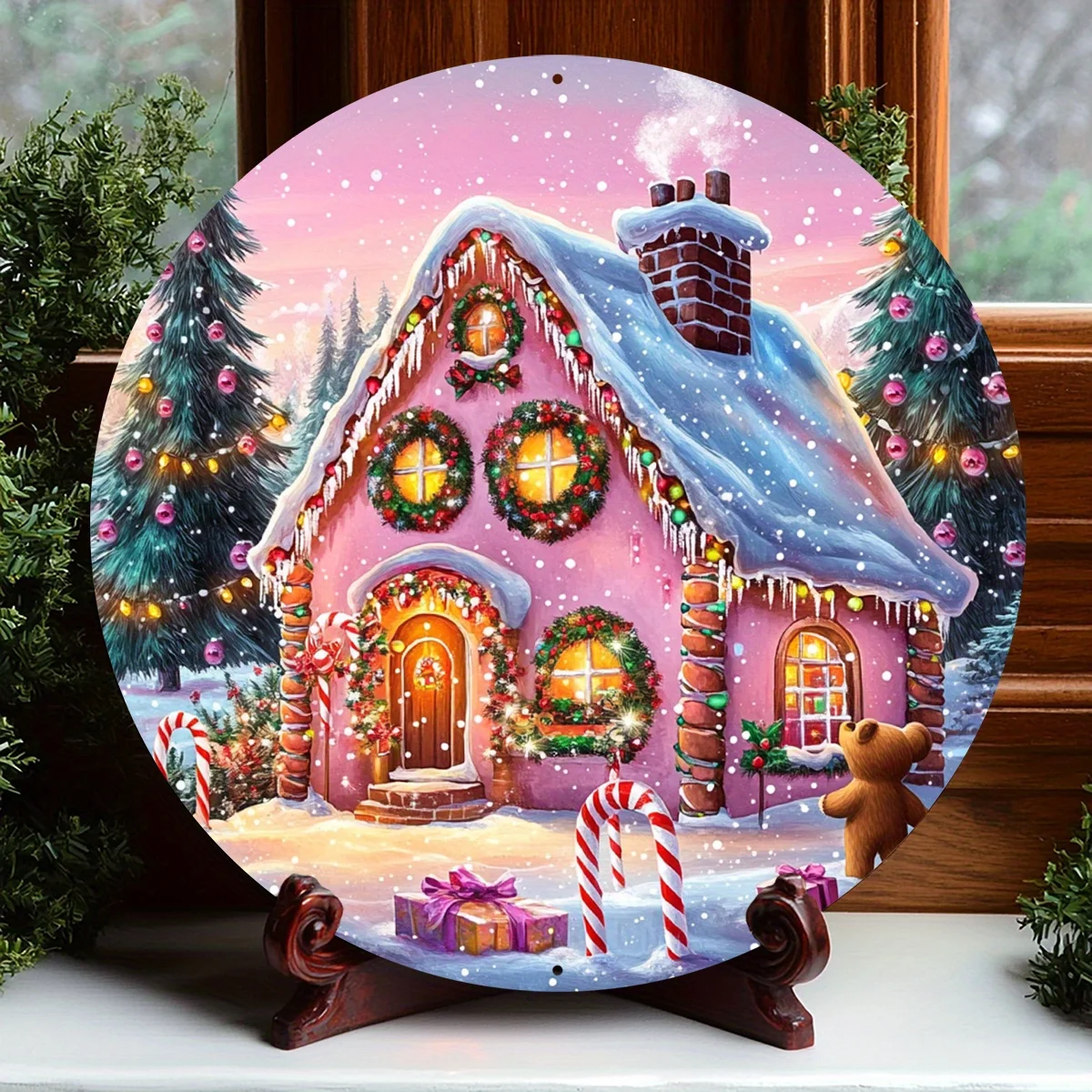 Vintage Pink Gingerbread House Christmas Wreath Sign, 8