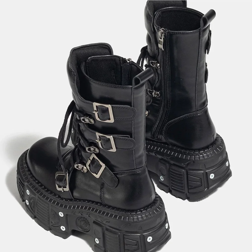 2024 New Punk Style Women Shoes Lace-up Platform Shoes Woman Rock Boots Metal Decor Thick Bottom Street Shot Knight